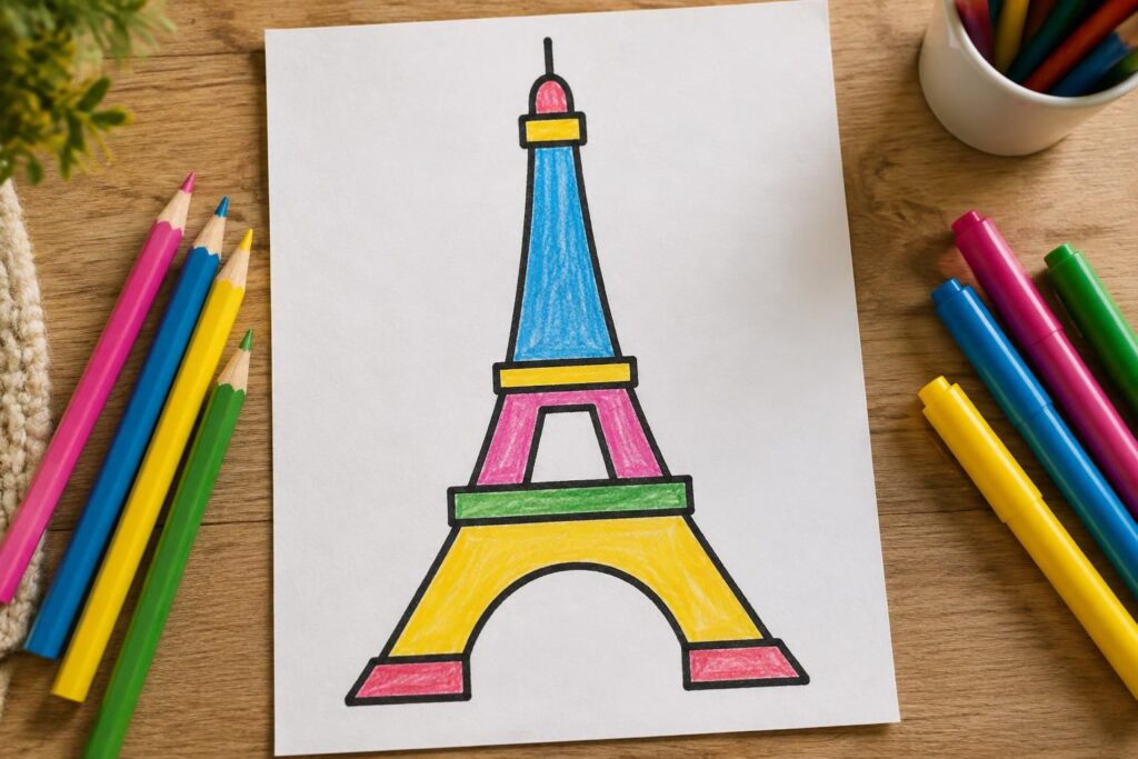 apprends à dessiner et colorier facilement la tour eiffel grâce à un tutoriel amusant, adapté aux enfants de tous niveaux.